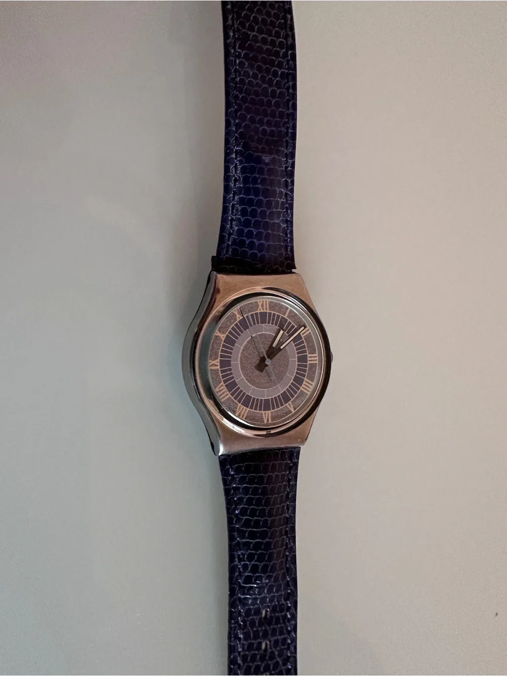 Swatch GX123 Alexander Steel Case Metallic Dial Embossed Purple Leather Strap